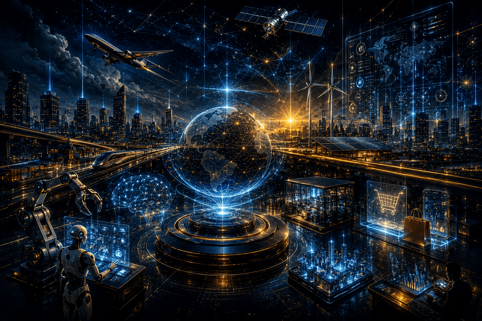 Futuristic global innovation ecosystem with artificial intelligence, automation systems, smart infrastructure, digital commerce, and advanced technology networks