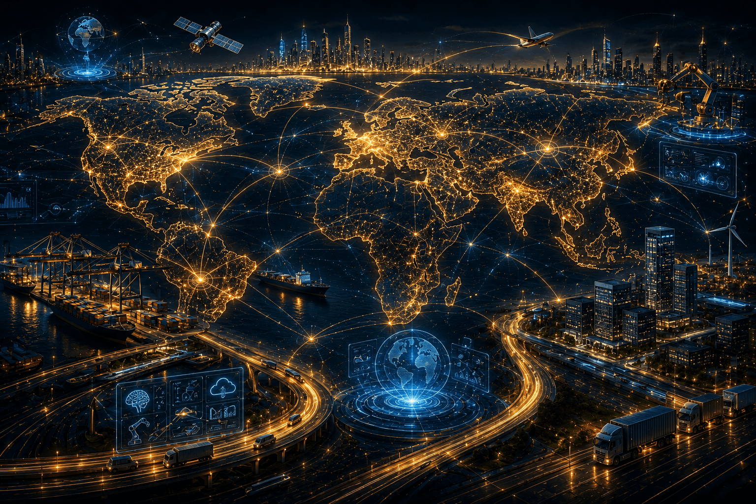 Global presence ecosystem featuring connected world map, international trade networks, futuristic cities, logistics infrastructure, AI ecosystems, and worldwide operations