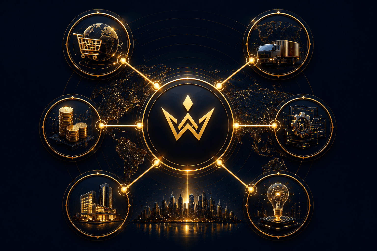 AMWON Group ecosystem model connecting retail, trade, solutions, innovation, real estate, and capital through an integrated business growth network.