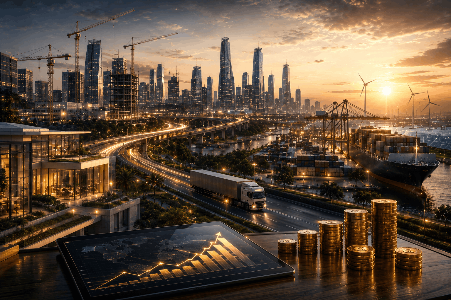 AMWON Group infrastructure and strategic capital ecosystem with real estate development, logistics environments, global operations, and investment systems